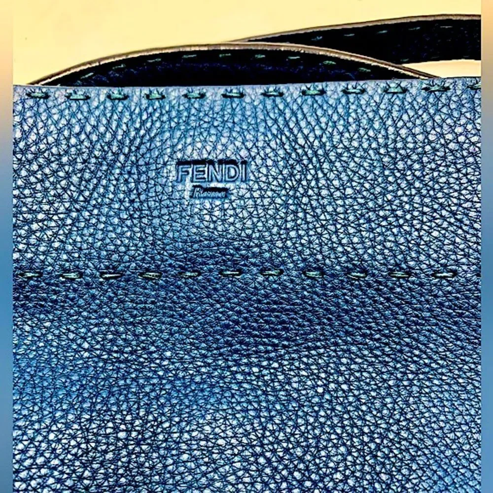 Auth Fendi Cuoio Romano Blue Selleria cLeather 2way Anna Bucket Bag Hobo Shopper